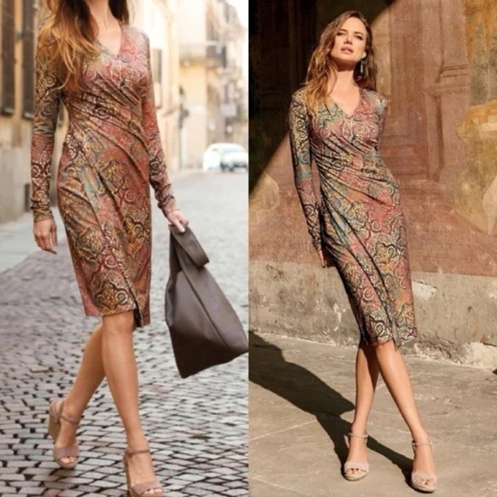 PERUVIAN CONNECTION Women's  XL Fall Colors Stretch‎ Ruched Sheath Boho Chic NEW